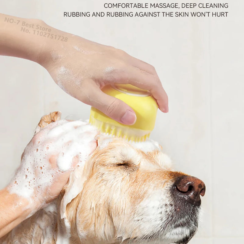 Dog Bathing Brush Pet Massage Brush Shampoo Dispenser Soft Silicone Brush Rubber Bristle for Dogs and Cats Shower Grooming Tool